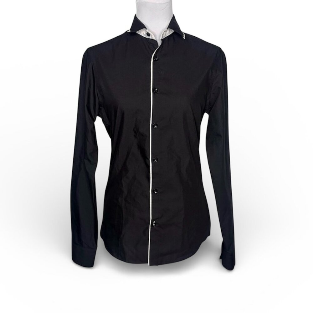River Island Black White Piped Button Down Shirt Slim Fit Long Sleeve Size XS